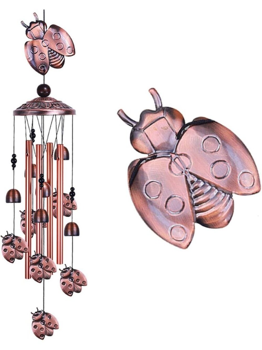 New Ladybug Wind Chimes Outdoor Decor - with 4 Tubes 6 Bells 7 Ladybugs